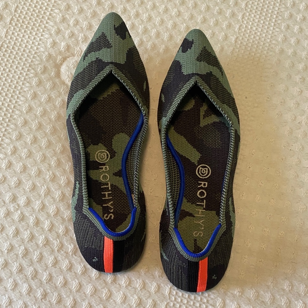 Rothy's Green and Black Camouflage Flats with Blue and Red Accents